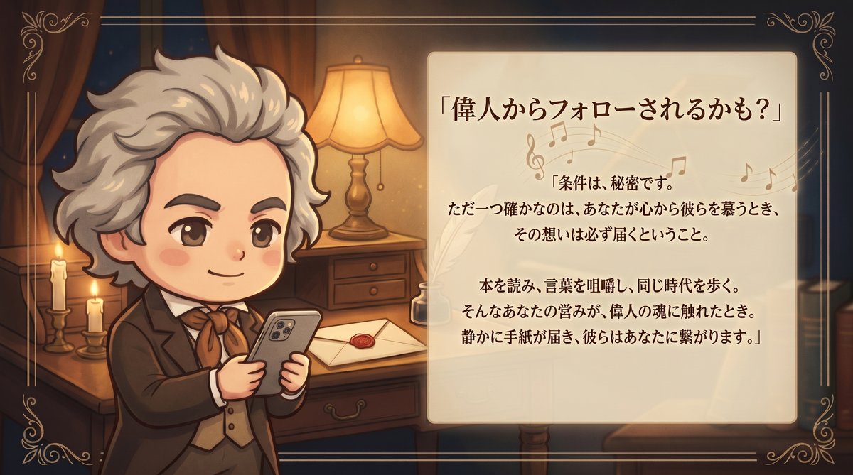 偉人からフォローされるかも？ 本を読み、言葉を心に留め、同じ時代を歩く——その痕跡が偉人の目に留まったとき、静かに手紙が届きます。